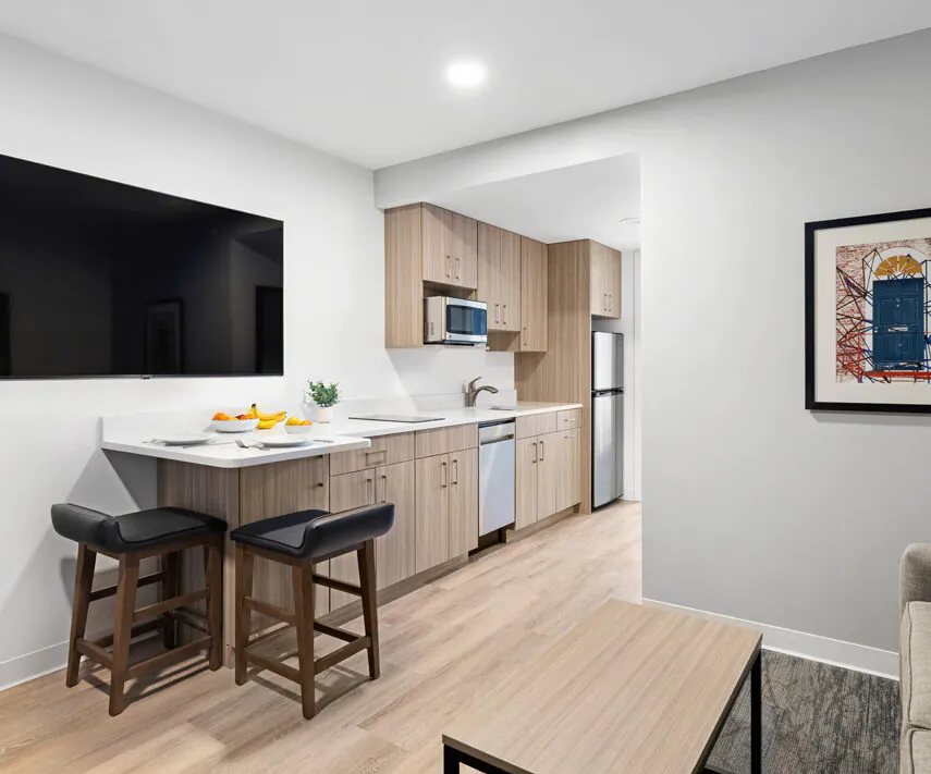 The island set with table setting at HomeAwhile.